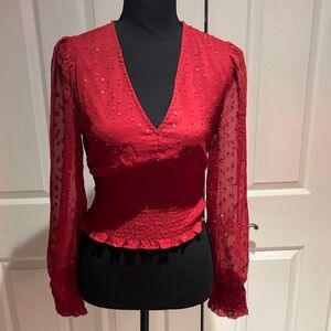 Elegant Red V-Neck Blouse with Sheer Sleeves
